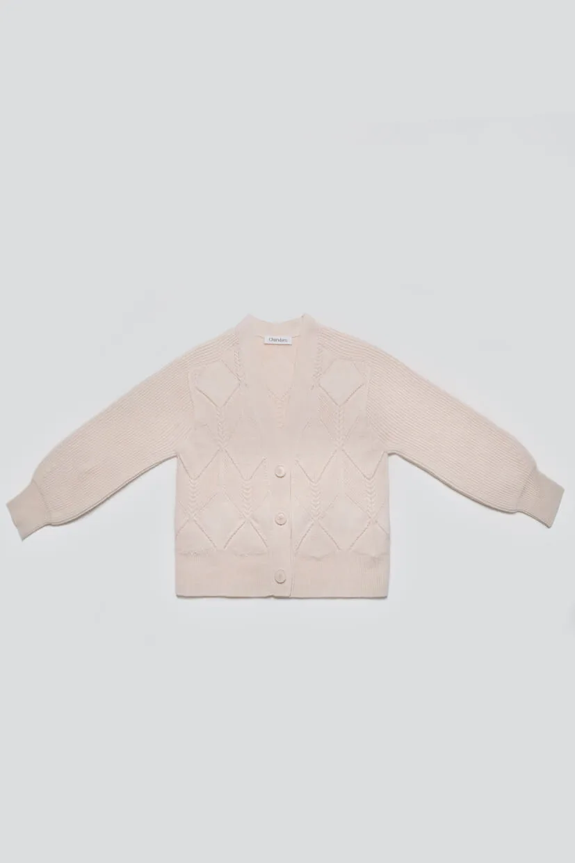 Veste femme laine écrue 100% mérinos 3 boutons jeu de points à losanges et côtes perlées avec torsades à plat
