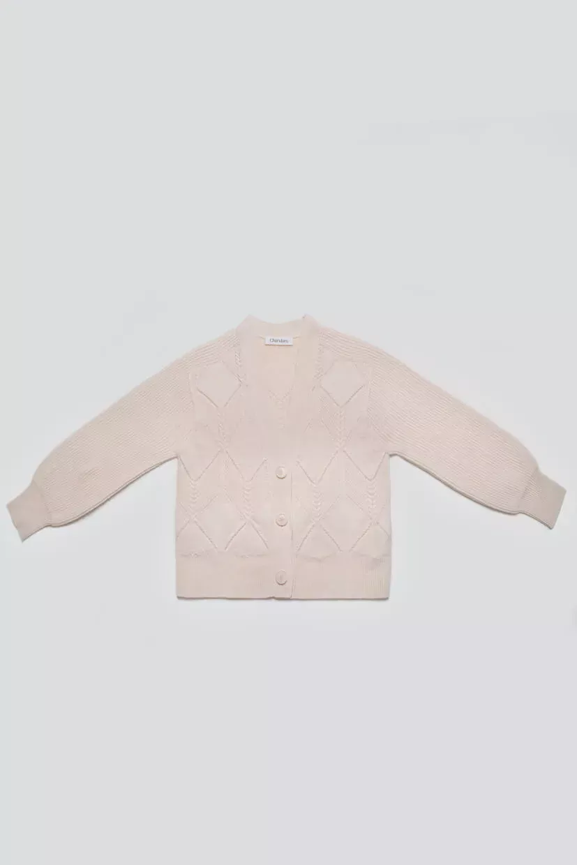 Veste femme laine écrue 100% mérinos 3 boutons jeu de points à losanges et côtes perlées avec torsades à plat